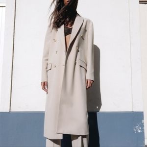 Zara Double-Breasted Long Cream Blazer Coat
